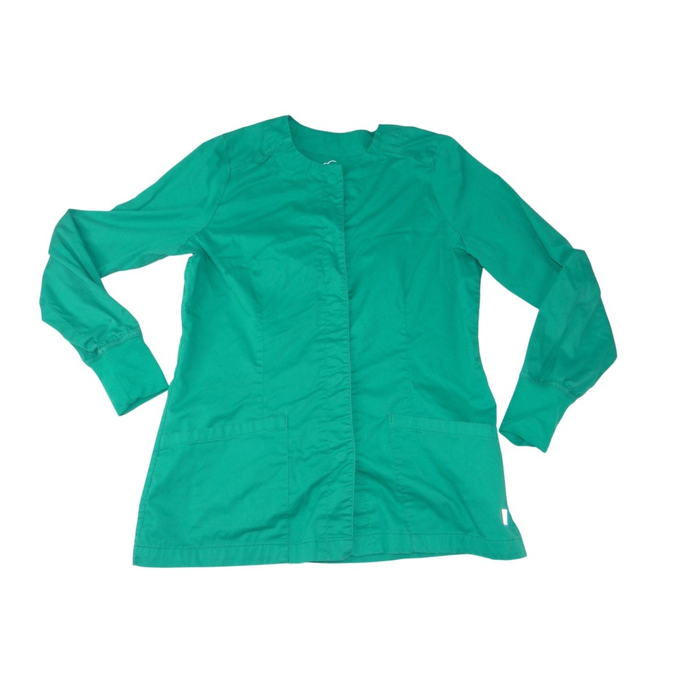 Butter-Soft Stretch Green Snap Front Scrub Jacket Ribbed Cuffs Womens Med 3818